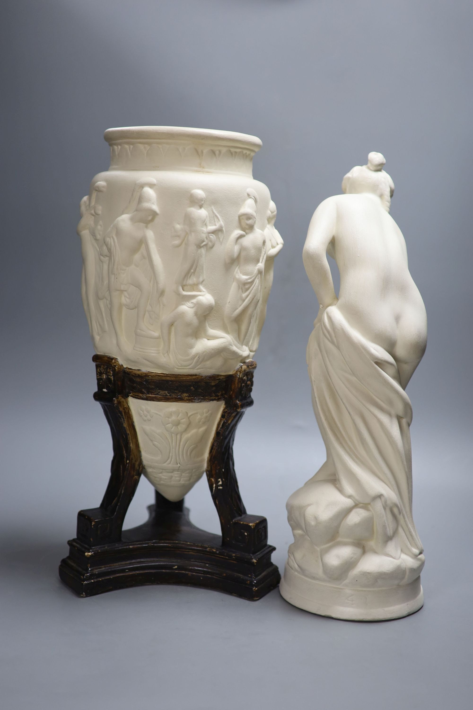 A classical plaster figure and a similar classical vase on stand, tallest 44cm